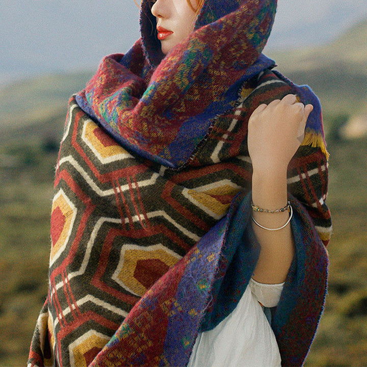 Scialle tibetano con Buddha Stones , marrone, blu, rosso, motivo geometrico, invernale, comodo, da viaggio