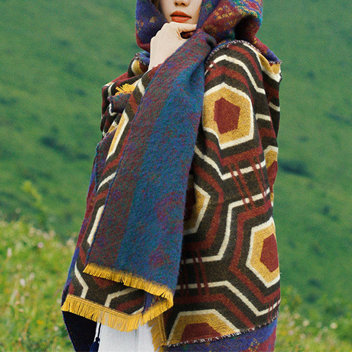 Scialle tibetano con Buddha Stones , marrone, blu, rosso, motivo geometrico, invernale, comodo, da viaggio