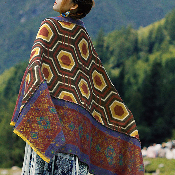 Scialle tibetano con Buddha Stones , marrone, blu, rosso, motivo geometrico, invernale, comodo, da viaggio