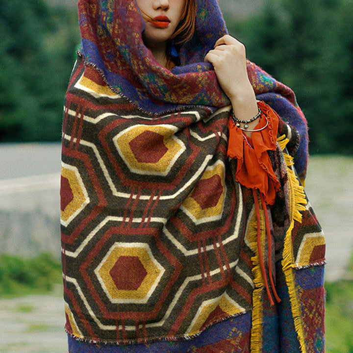 Scialle tibetano con Buddha Stones , marrone, blu, rosso, motivo geometrico, invernale, comodo, da viaggio