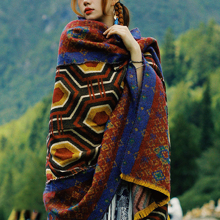 Scialle tibetano con Buddha Stones , marrone, blu, rosso, motivo geometrico, invernale, comodo, da viaggio