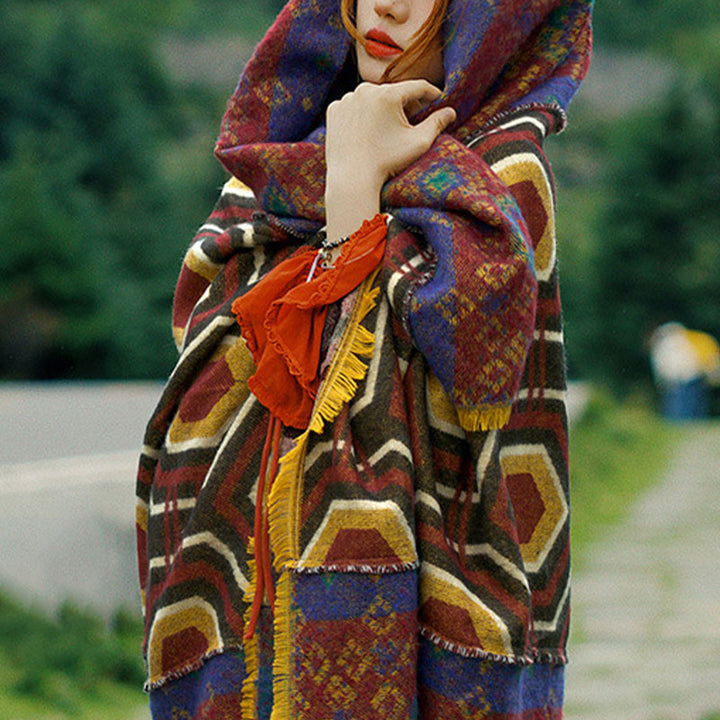 Scialle tibetano con Buddha Stones , marrone, blu, rosso, motivo geometrico, invernale, comodo, da viaggio