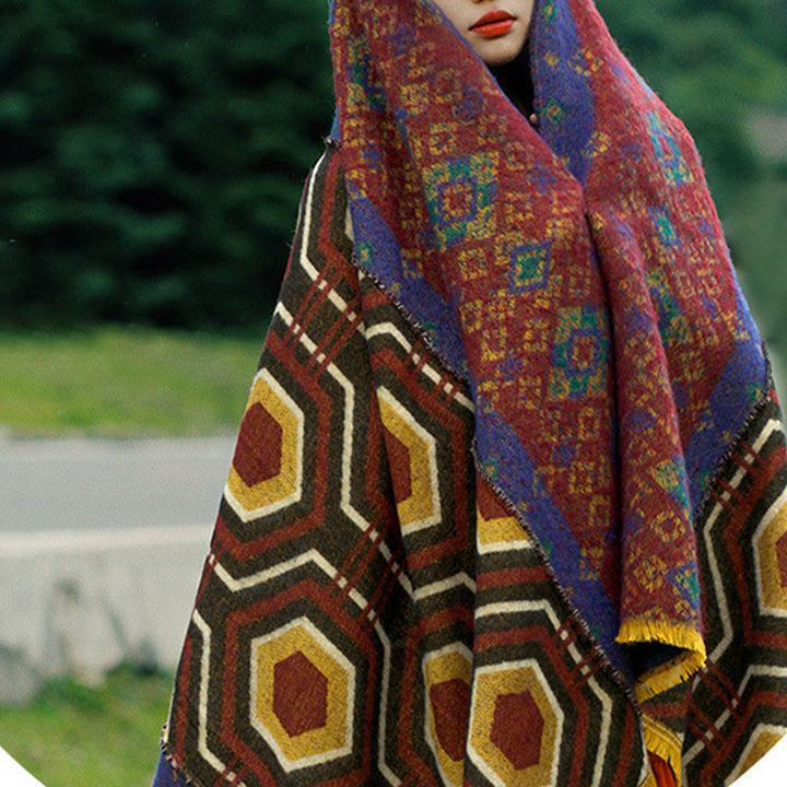 Scialle tibetano con Buddha Stones , marrone, blu, rosso, motivo geometrico, invernale, comodo, da viaggio