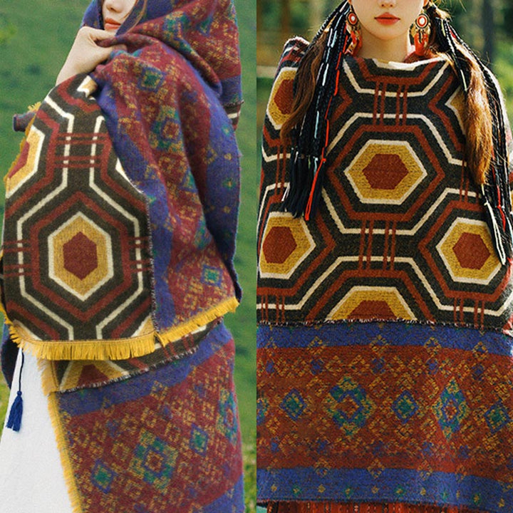 Scialle tibetano con Buddha Stones , marrone, blu, rosso, motivo geometrico, invernale, comodo, da viaggio
