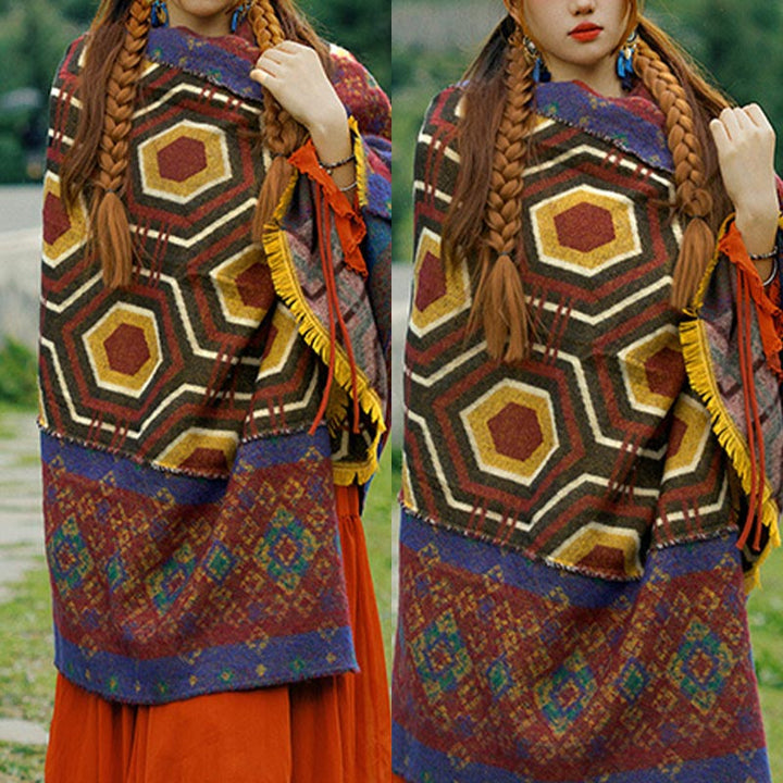 Scialle tibetano con Buddha Stones , marrone, blu, rosso, motivo geometrico, invernale, comodo, da viaggio