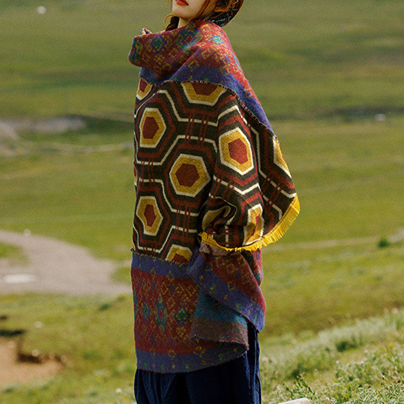 Scialle tibetano con Buddha Stones , marrone, blu, rosso, motivo geometrico, invernale, comodo, da viaggio