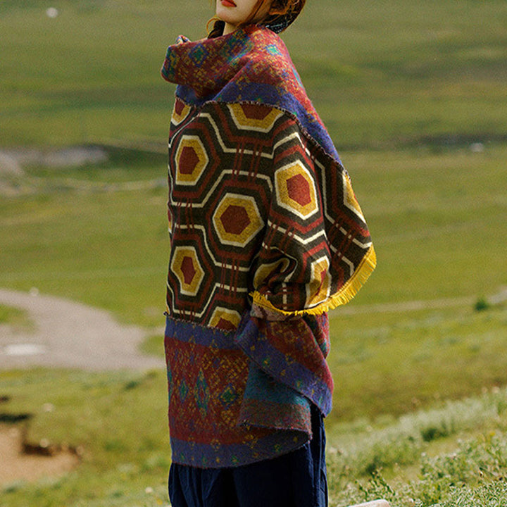 Scialle tibetano con Buddha Stones , marrone, blu, rosso, motivo geometrico, invernale, comodo, da viaggio