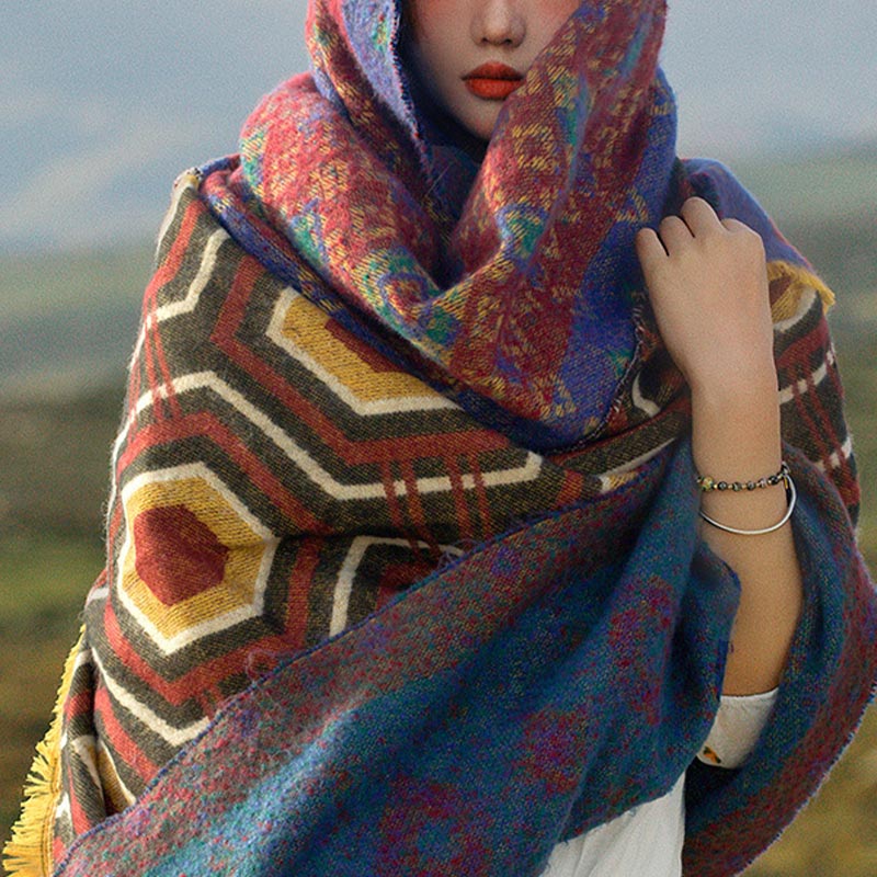 Scialle tibetano con Buddha Stones , marrone, blu, rosso, motivo geometrico, invernale, comodo, da viaggio