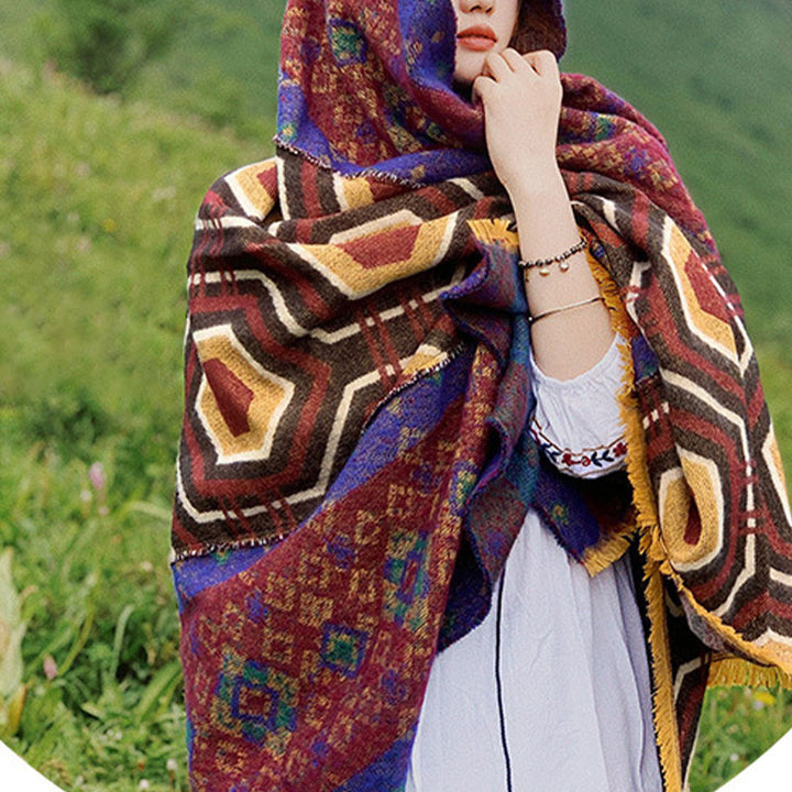 Scialle tibetano con Buddha Stones , marrone, blu, rosso, motivo geometrico, invernale, comodo, da viaggio