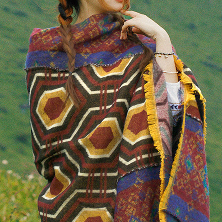 Scialle tibetano con Buddha Stones , marrone, blu, rosso, motivo geometrico, invernale, comodo, da viaggio