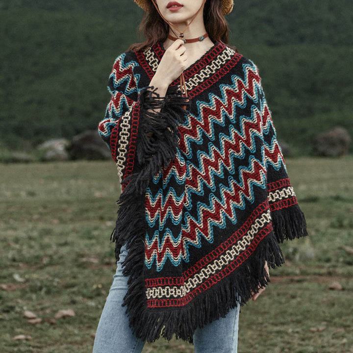 Scialle tibetano Buddha Stones , a righe, lavorato a maglia, con nappe, maglione, sciarpa invernale da viaggio