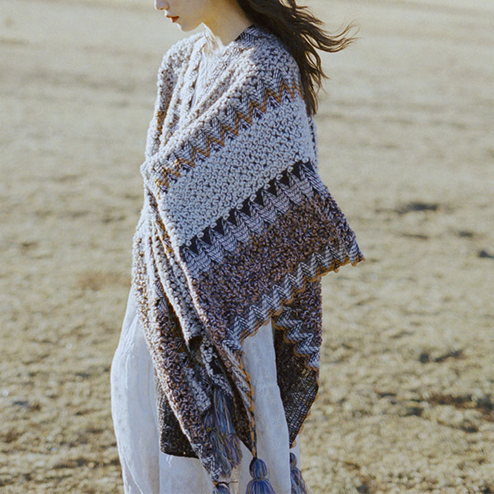 Scialle tibetano Buddha Stones, grigio, marrone, a righe, lavorato a maglia, con nappe, invernale, comodo, da viaggio - 140*110 cm - image 0