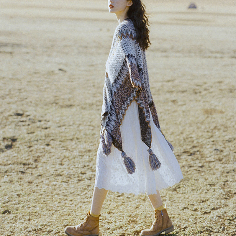 Scialle tibetano Buddha Stones, grigio, marrone, a righe, lavorato a maglia, con nappe, invernale, comodo, da viaggio - image 4