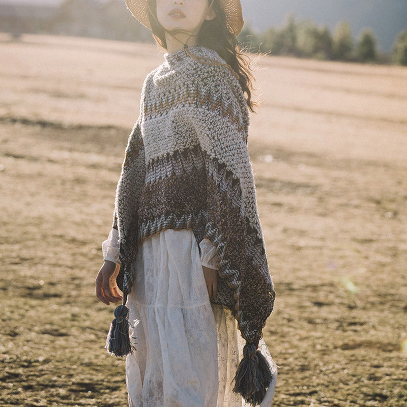 Scialle tibetano Buddha Stones, grigio, marrone, a righe, lavorato a maglia, con nappe, invernale, comodo, da viaggio