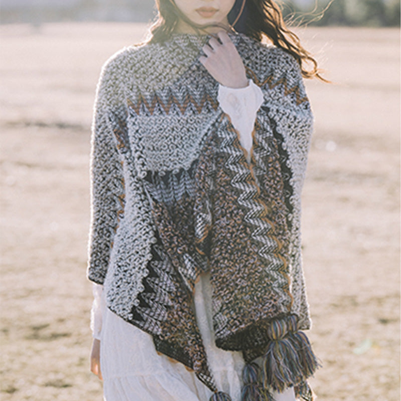 Scialle tibetano Buddha Stones, grigio, marrone, a righe, lavorato a maglia, con nappe, invernale, comodo, da viaggio