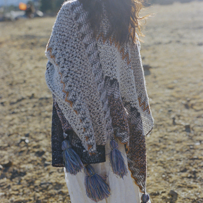 Scialle tibetano Buddha Stones, grigio, marrone, a righe, lavorato a maglia, con nappe, invernale, comodo, da viaggio - image 7