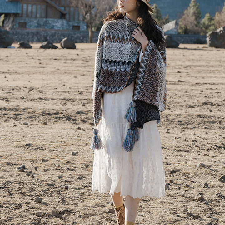 Scialle tibetano Buddha Stones, grigio, marrone, a righe, lavorato a maglia, con nappe, invernale, comodo, da viaggio