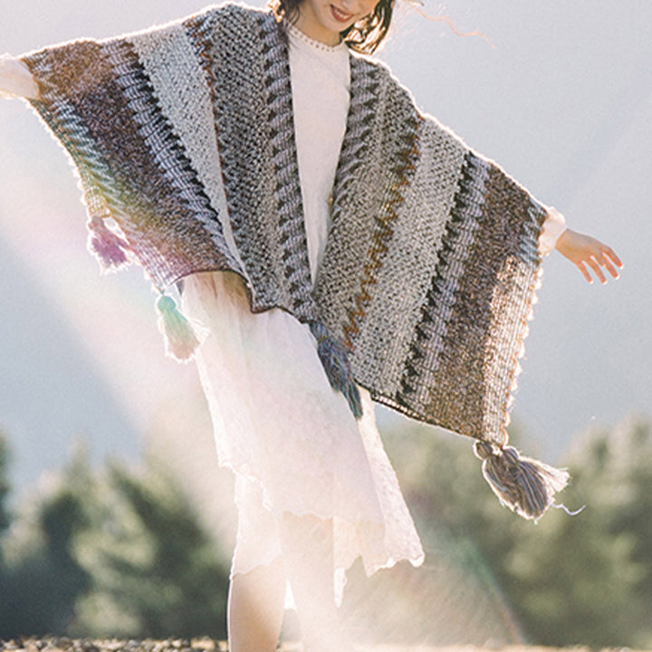 Scialle tibetano Buddha Stones, grigio, marrone, a righe, lavorato a maglia, con nappe, invernale, comodo, da viaggio