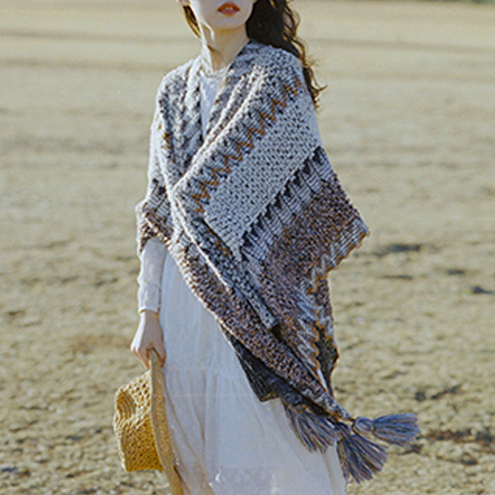 Scialle tibetano Buddha Stones, grigio, marrone, a righe, lavorato a maglia, con nappe, invernale, comodo, da viaggio