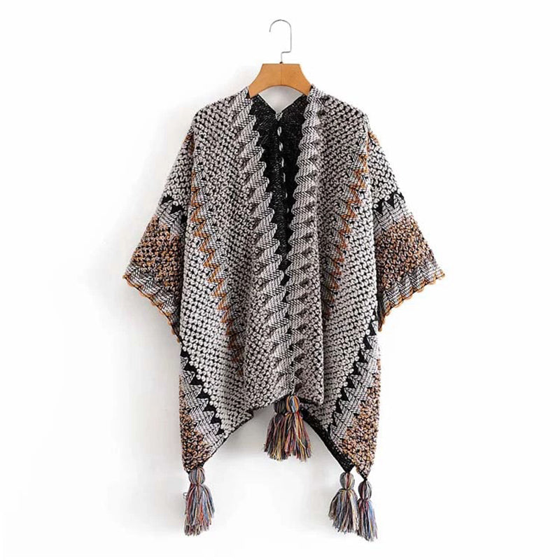 Scialle tibetano Buddha Stones, grigio, marrone, a righe, lavorato a maglia, con nappe, invernale, comodo, da viaggio