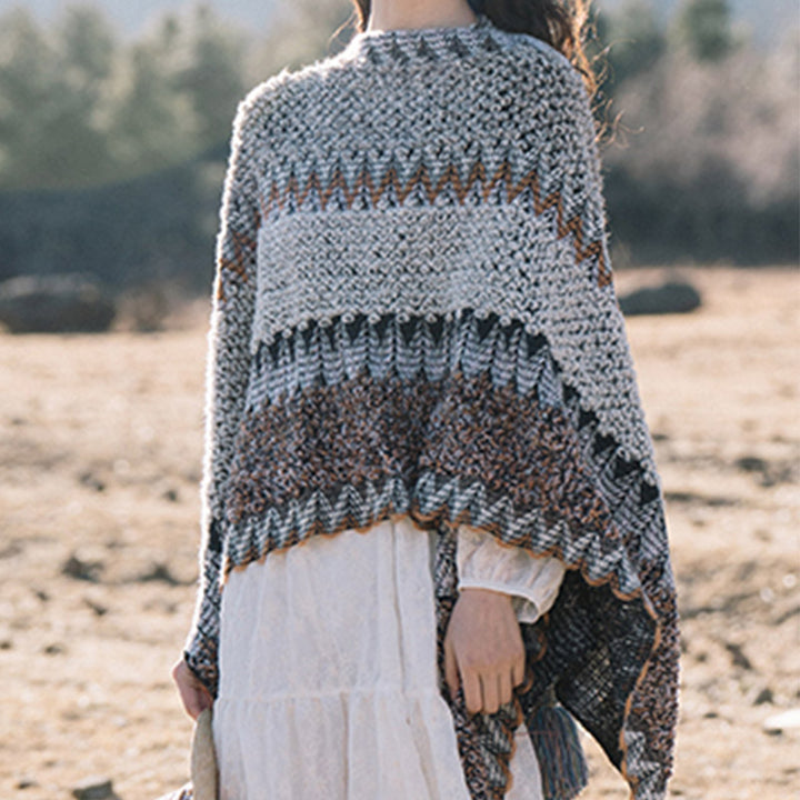 Scialle tibetano Buddha Stones, grigio, marrone, a righe, lavorato a maglia, con nappe, invernale, comodo, da viaggio