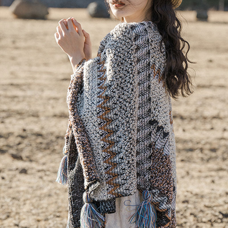 Scialle tibetano Buddha Stones, grigio, marrone, a righe, lavorato a maglia, con nappe, invernale, comodo, da viaggio