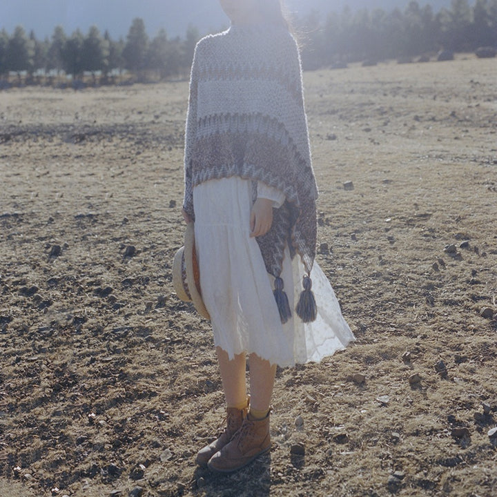 Scialle tibetano Buddha Stones, grigio, marrone, a righe, lavorato a maglia, con nappe, invernale, comodo, da viaggio - image 14