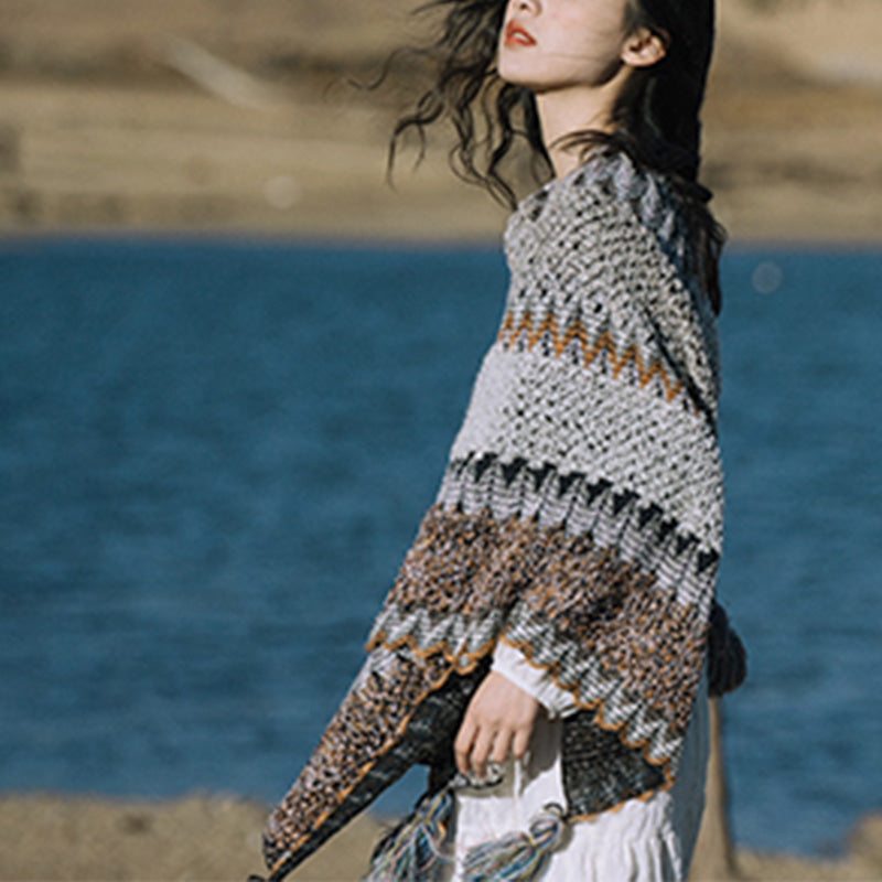 Scialle tibetano Buddha Stones, grigio, marrone, a righe, lavorato a maglia, con nappe, invernale, comodo, da viaggio - image 17