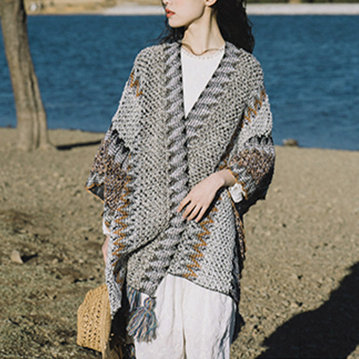 Scialle tibetano Buddha Stones, grigio, marrone, a righe, lavorato a maglia, con nappe, invernale, comodo, da viaggio