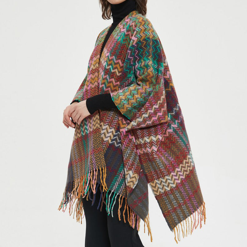 Scialle tibetano con Buddha Stones , nappe colorate, linea ondulata, sciarpa da viaggio invernale e accogliente