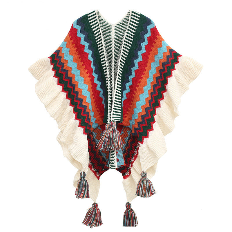 Scialle tibetano Buddha Stones, colorato, a righe, con nappe, avvolgente, invernale, comodo, da viaggio - Beige Rosso Blu 85*135cm - image 20