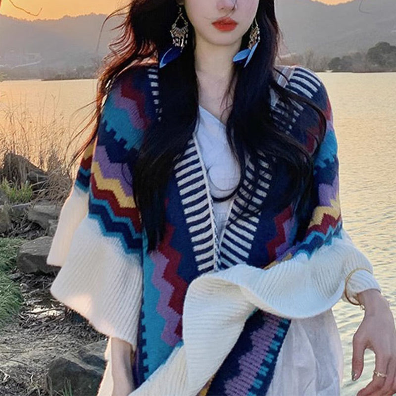 Scialle tibetano Buddha Stones, colorato, a righe, con nappe, avvolgente, invernale, comodo, da viaggio - image 3