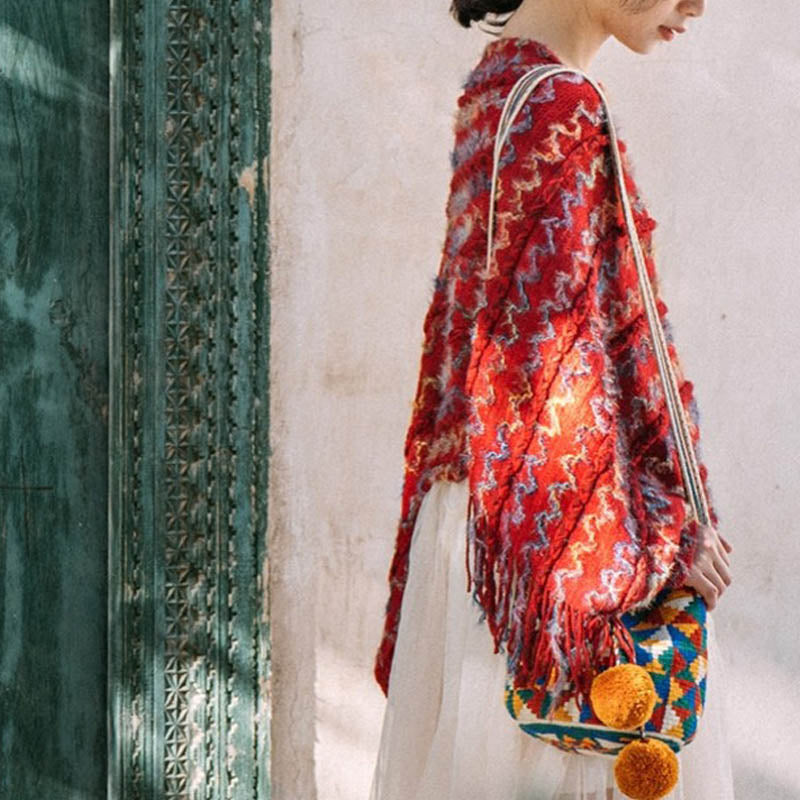 Scialle a righe colorate con Buddha Stones, nappe, pullover, sciarpa da viaggio invernale e accogliente