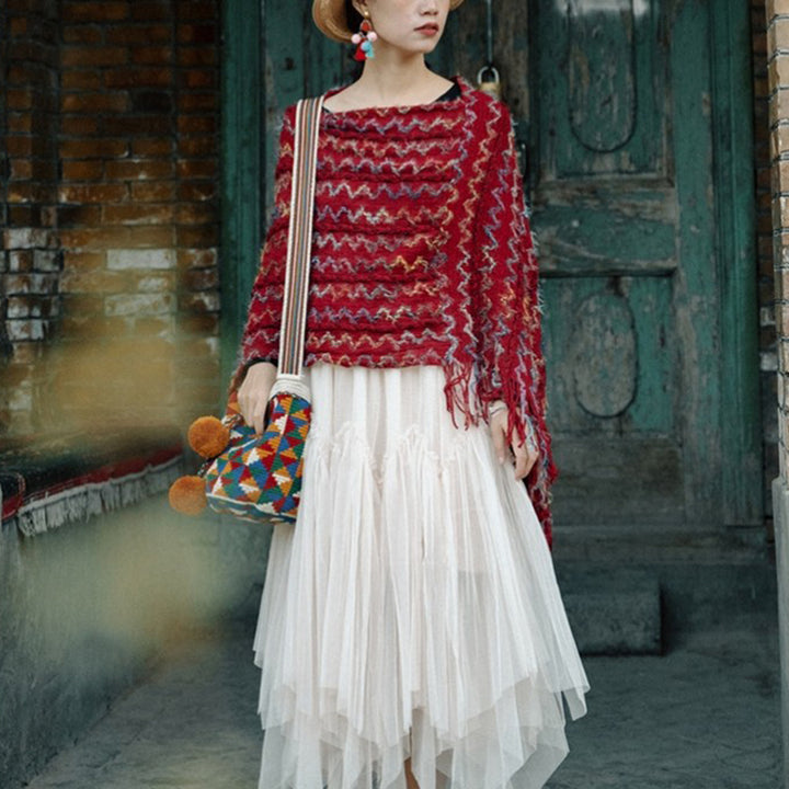 Scialle a righe colorate con Buddha Stones, nappe, pullover, sciarpa da viaggio invernale e accogliente - Rosso 85*75cm - image 0