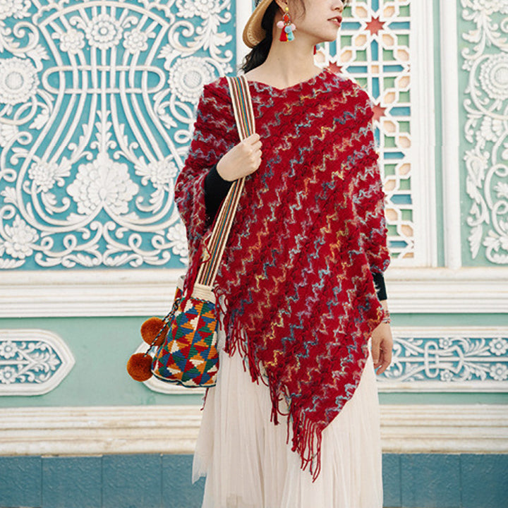 Scialle a righe colorate con Buddha Stones, nappe, pullover, sciarpa da viaggio invernale e accogliente