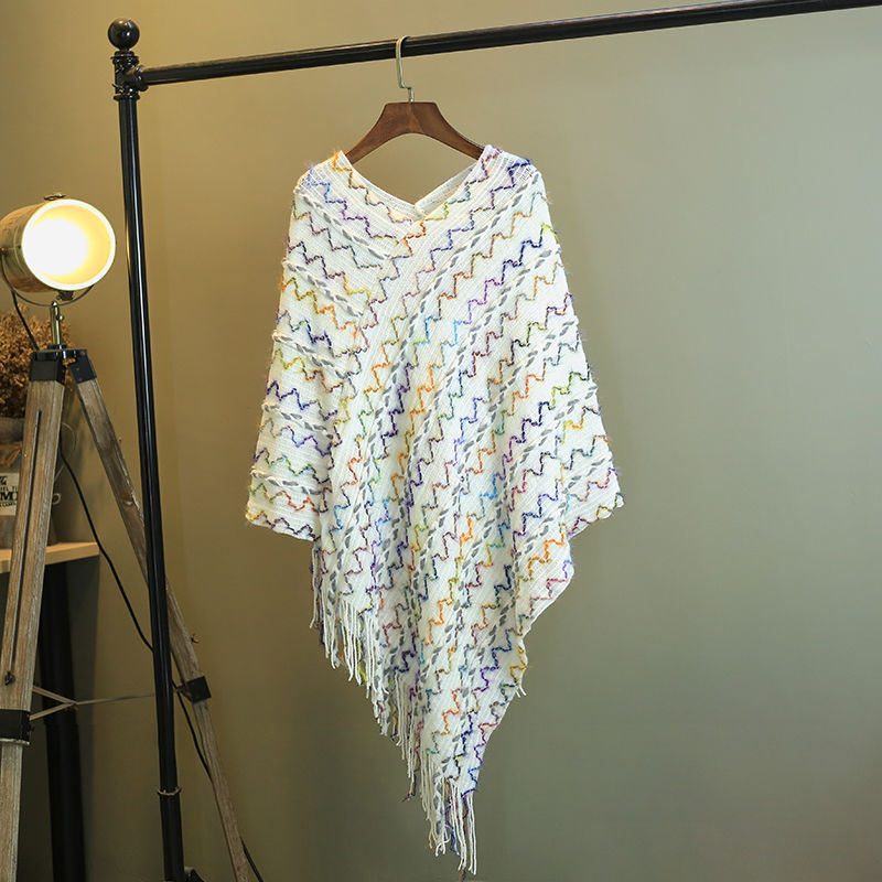 Scialle a righe colorate con Buddha Stones, nappe, pullover, sciarpa da viaggio invernale e accogliente - Bianco 85*75cm - image 30
