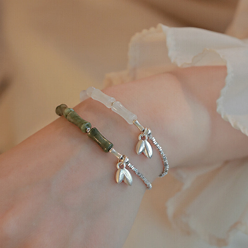 Braccialetto della fortuna con motivo di bambù e peridoto in argento sterling 925 Buddha Stones