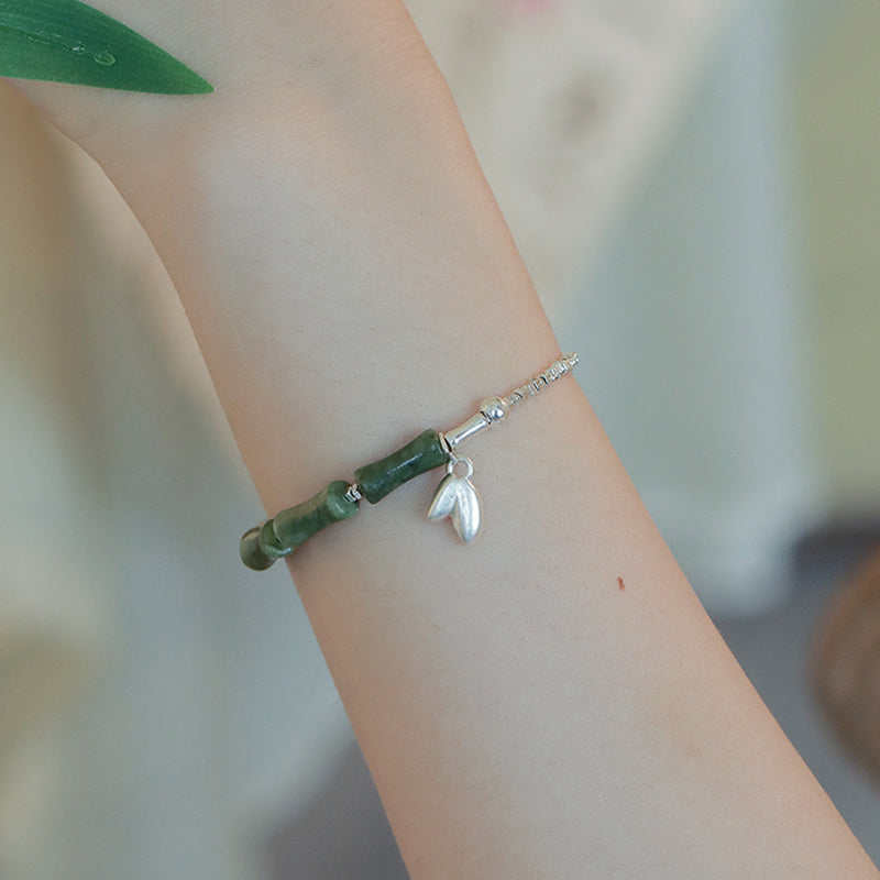 Braccialetto della fortuna con motivo di bambù e peridoto in argento sterling 925 Buddha Stones