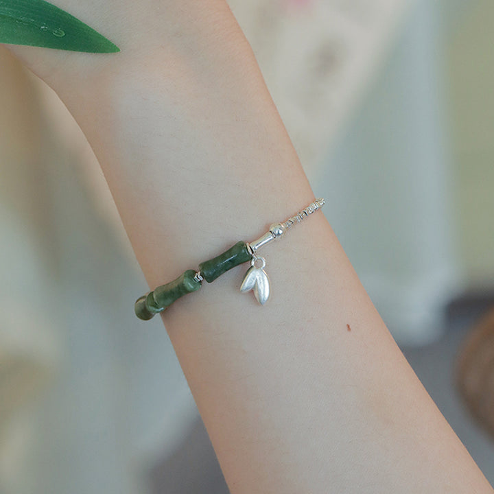 Braccialetto della fortuna con motivo di bambù e peridoto in argento sterling 925 Buddha Stones