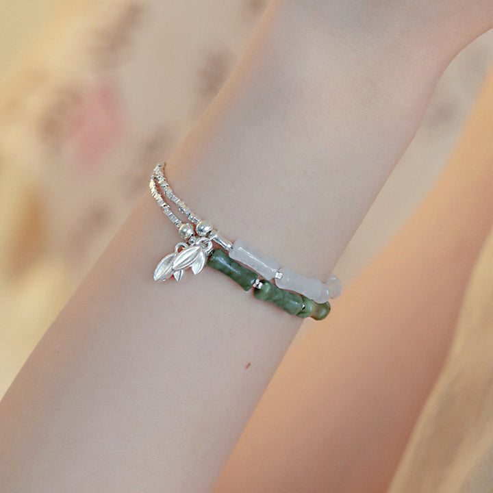 Braccialetto della fortuna con motivo di bambù e peridoto in argento sterling 925 Buddha Stones