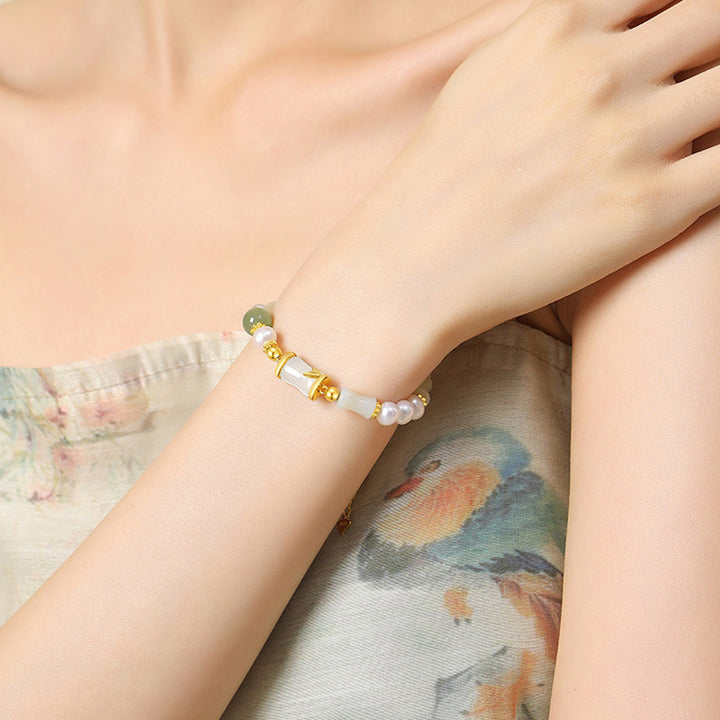 Bracciale Buddha Stones 925 Sterling Silver Hetian Naturale Giada Bianca Bambù Benedizione Fortuna Bracciale