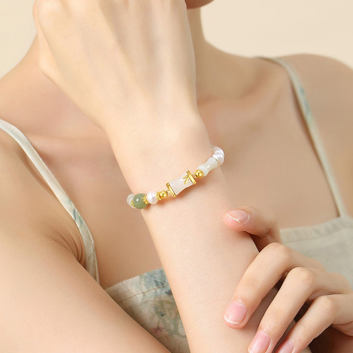 Bracciale Buddha Stones 925 Sterling Silver Hetian Naturale Giada Bianca Bambù Benedizione Fortuna Bracciale