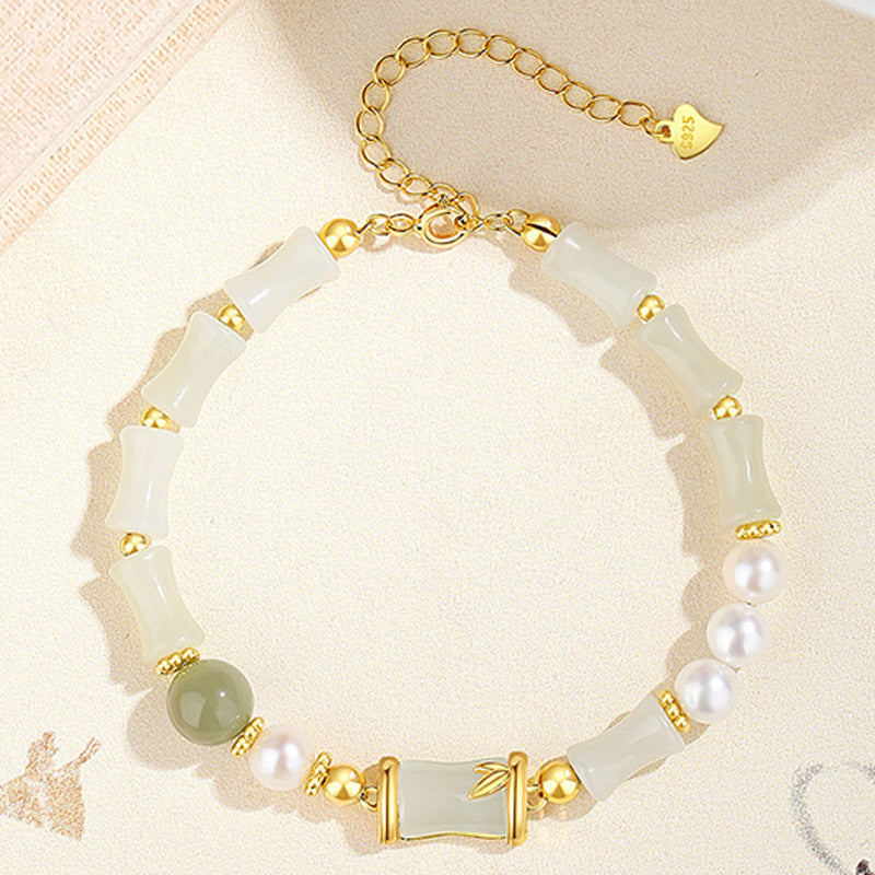 Bracciale Buddha Stones 925 Sterling Silver Hetian Naturale Giada Bianca Bambù Benedizione Fortuna Bracciale
