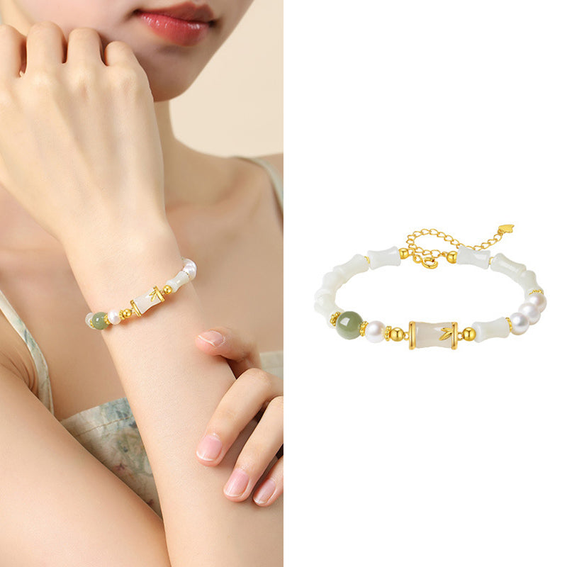 Bracciale Buddha Stones 925 Sterling Silver Hetian Naturale Giada Bianca Bambù Benedizione Fortuna Bracciale