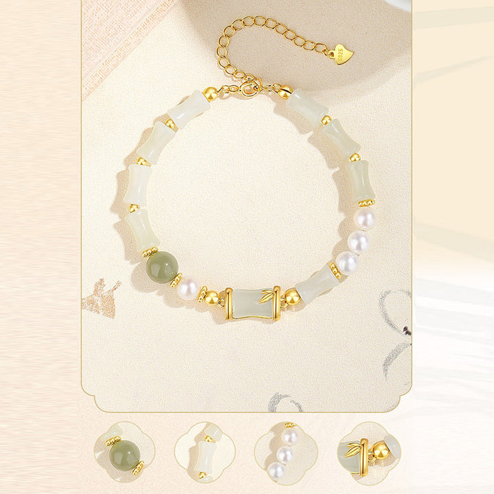 Bracciale Buddha Stones 925 Sterling Silver Hetian Naturale Giada Bianca Bambù Benedizione Fortuna Bracciale