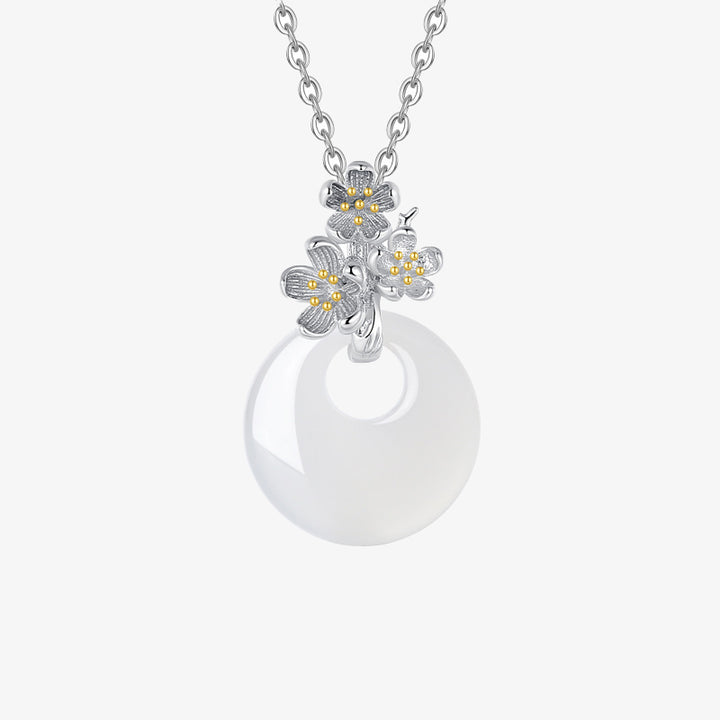 Collana con Buddha Stones in argento sterling 925, ciondolo rotondo in calcedonio con fiori di dodici mesi, armonia