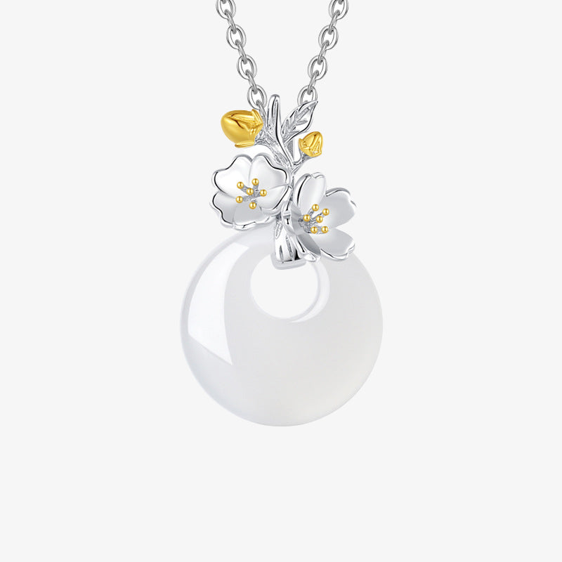 Collana con Buddha Stones in argento sterling 925, ciondolo rotondo in calcedonio con fiori di dodici mesi, armonia