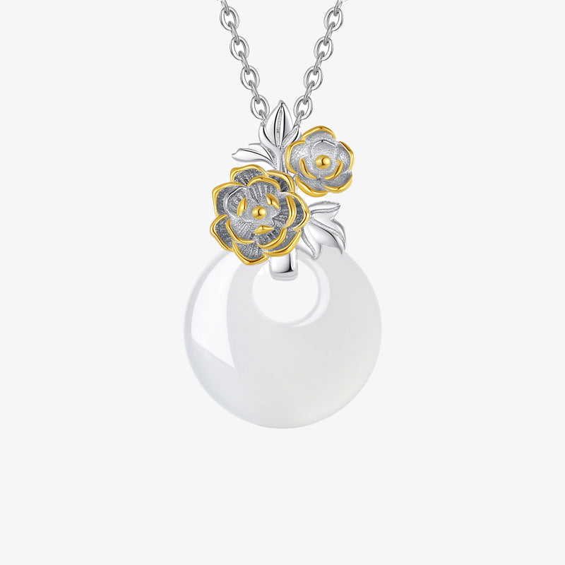 Collana con Buddha Stones in argento sterling 925, ciondolo rotondo in calcedonio con fiori di dodici mesi, armonia