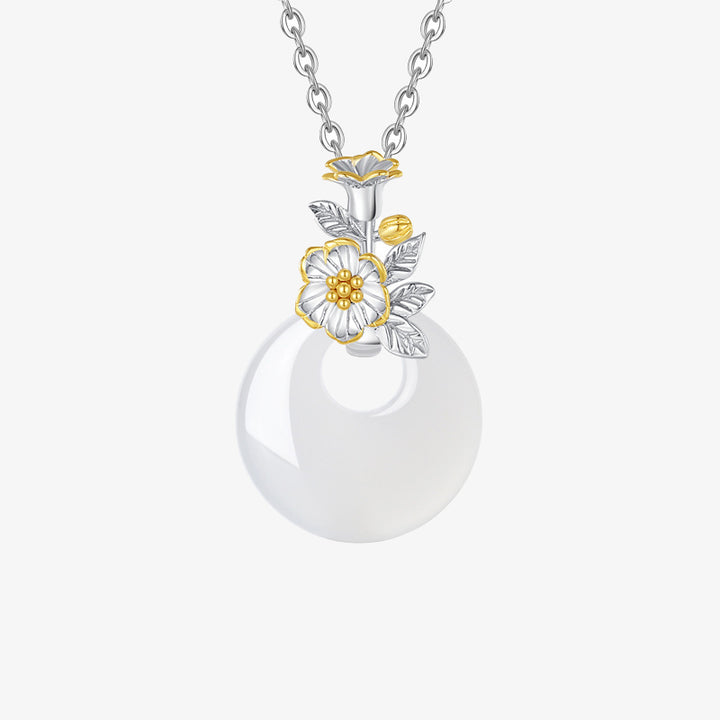 Collana con Buddha Stones in argento sterling 925, ciondolo rotondo in calcedonio con fiori di dodici mesi, armonia