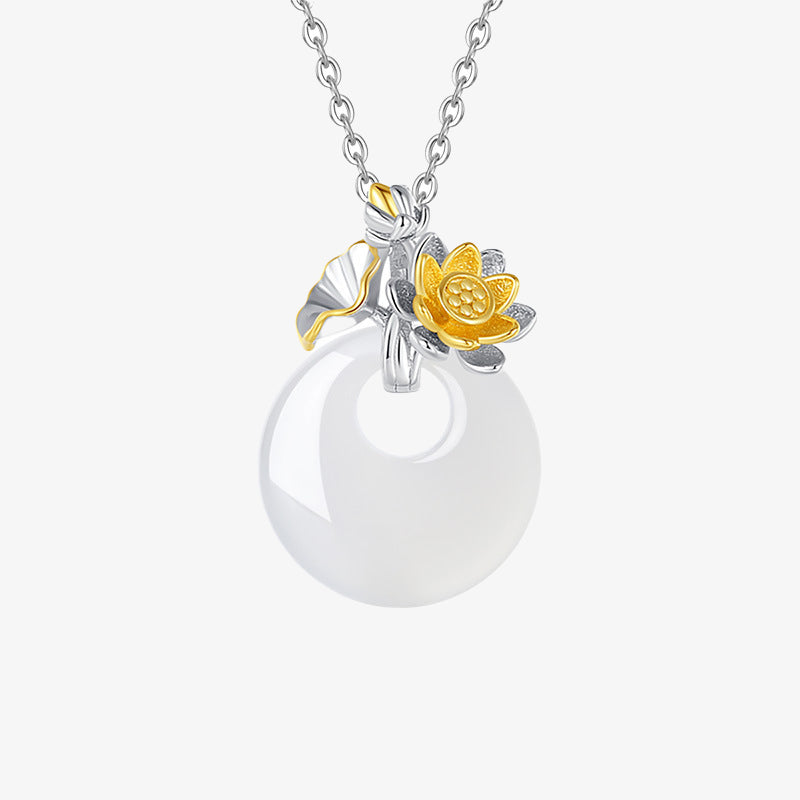 Collana con Buddha Stones in argento sterling 925, ciondolo rotondo in calcedonio con fiori di dodici mesi, armonia